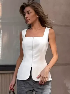 Débardeur blanc à bretelles et fermeture éclair au col sexy en viscose pour femme