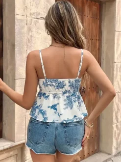 Débardeur bleu à bretelles col lacé dos nu imprimé chic pour femme