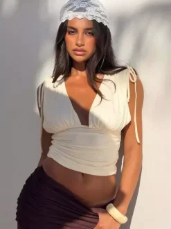 Débardeur court sexy à fronces pour femme décolleté en V profond sans manches coupe ajustée idéal pour l'été