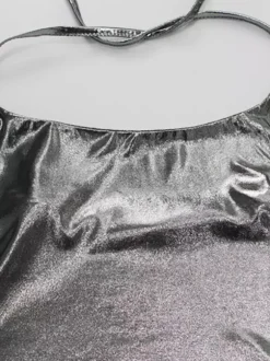 Débardeur dos nu métallisé pour femme - Débardeur asymétrique argenté sexy fendu sur le côté - Soirée en boîte de nuit d'été 2026
