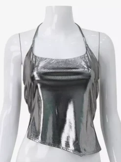 Débardeur dos nu métallisé pour femme - Débardeur asymétrique argenté sexy fendu sur le côté - Soirée en boîte de nuit d'été 2026