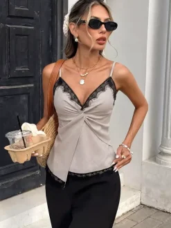 Débardeur marron clair à bretelles col montant asymétrique et sexy pour femme