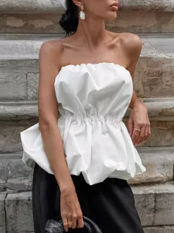 Débardeur rose sans bretelles plissé sexy dos nu en coton pour femme