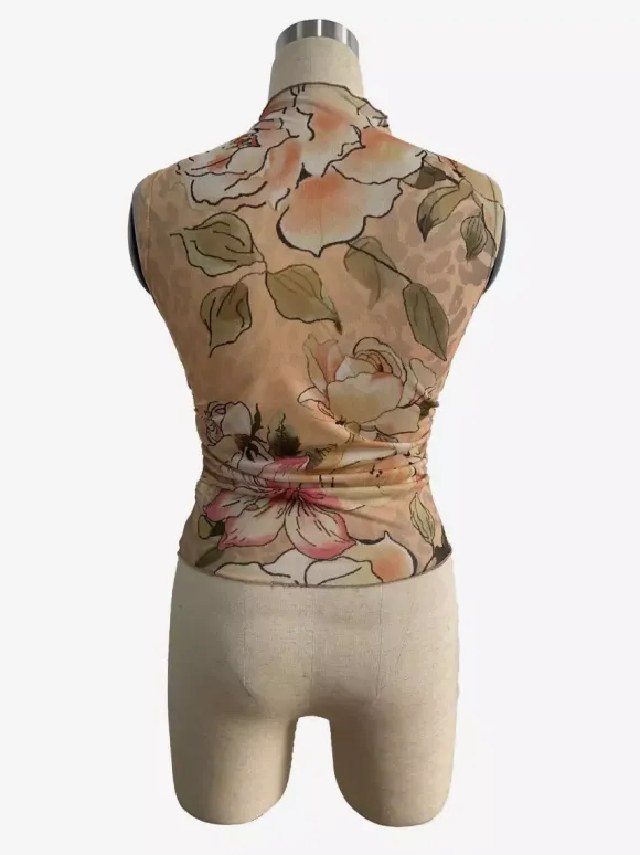 Débardeur sans manches en maille à col montant froncé et imprimé floral vintage pour femme 2026