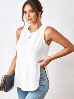Débardeur blanc à col rond fendu sur le devant style décontracté pour femme