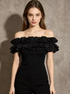 Débardeur blanc à épaules dénudées plissé et à volants chic pour femmes