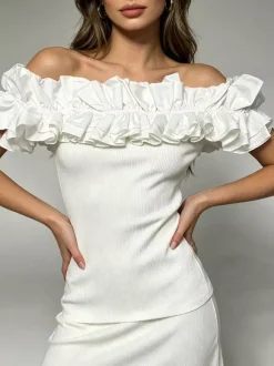 Débardeur blanc à épaules dénudées plissé et à volants chic pour femmes