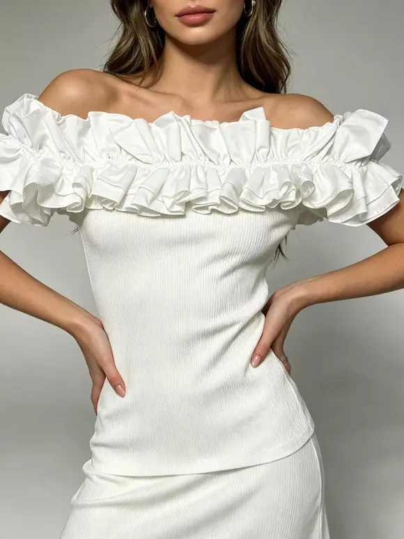 Débardeur blanc à épaules dénudées plissé et à volants chic pour femmes