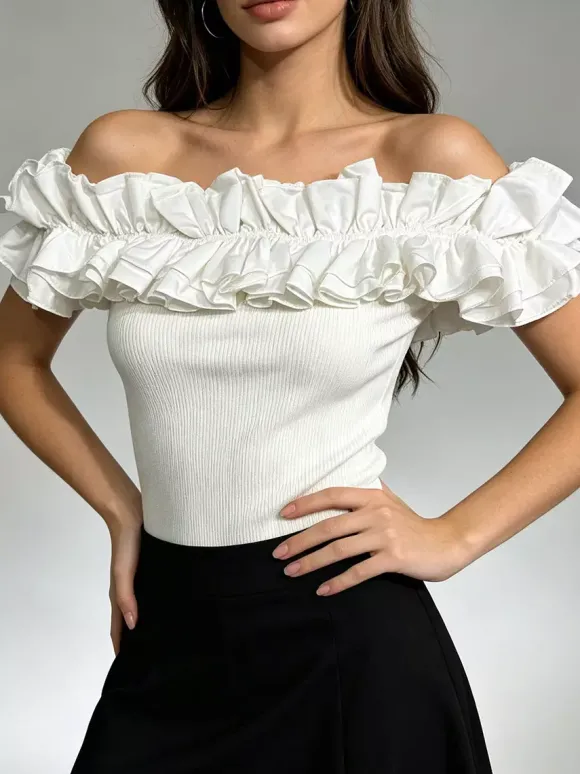 Débardeur blanc à épaules dénudées plissé et à volants chic pour femmes