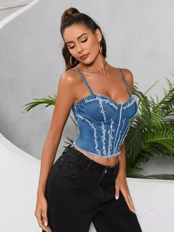 Débardeur bleu à bretelles fines et sexy en jean pour femme