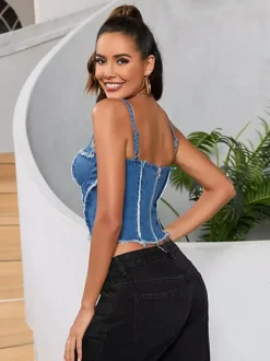 Débardeur bleu à bretelles fines et sexy en jean pour femme