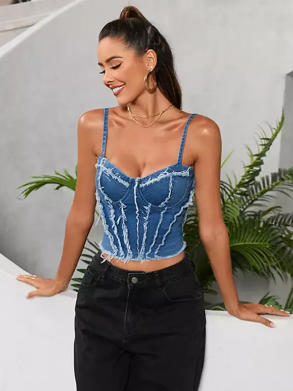 Débardeur bleu à bretelles fines et sexy en jean pour femme