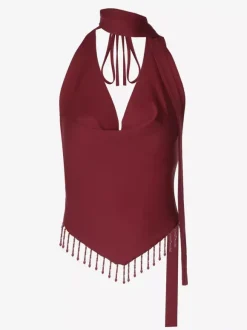 Débardeur bordeaux à bretelles franges au col et épaules dénudées sexy pour femme