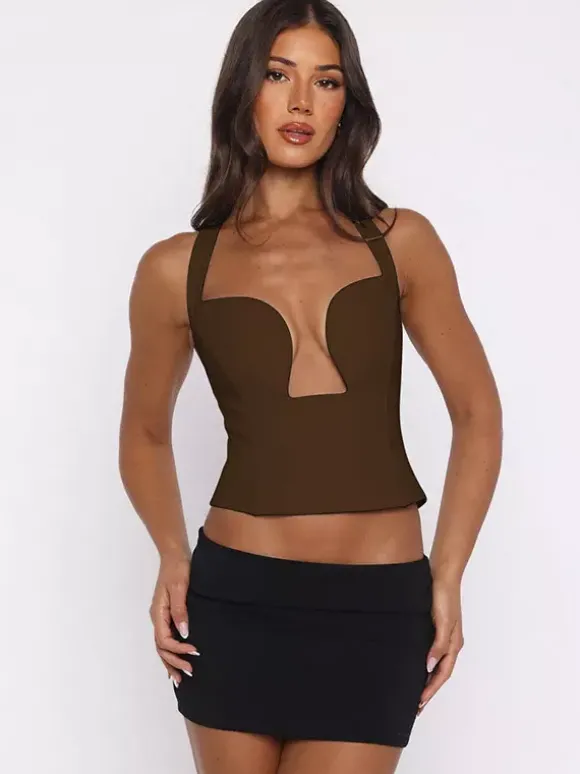 Débardeur court à bretelles croisées décolleté en c艙ur dos nu et fermeture à nouer coupe ajustée style streetwear