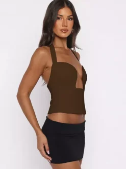 Débardeur court à bretelles croisées décolleté en c艙ur dos nu et fermeture à nouer coupe ajustée style streetwear