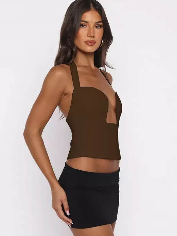 Débardeur court à bretelles croisées décolleté en c艙ur dos nu et fermeture à nouer coupe ajustée style streetwear