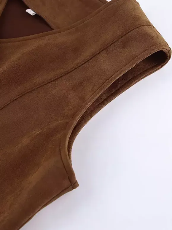 Débardeur kaki à col V vêtements chics débardeurs en daim pour femmes