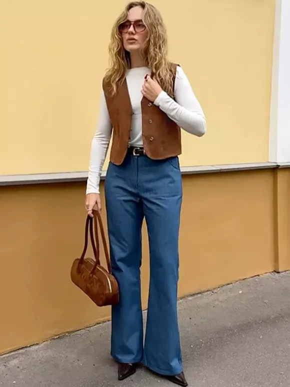 Débardeur kaki à col V vêtements chics débardeurs en daim pour femmes