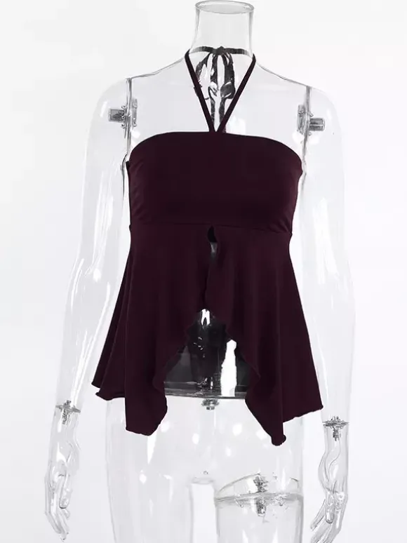 Débardeur marron à volants dos nu en lycra spandex chic et élégant pour femmes