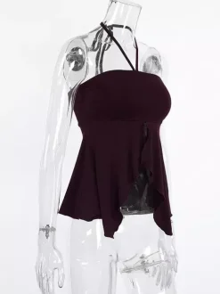 Débardeur marron à volants dos nu en lycra spandex chic et élégant pour femmes
