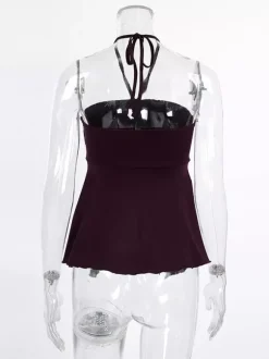 Débardeur marron à volants dos nu en lycra spandex chic et élégant pour femmes