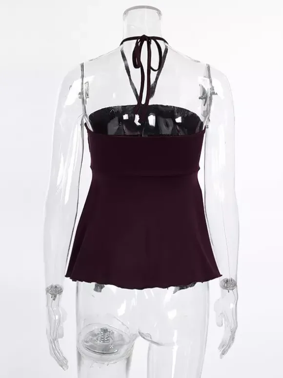 Débardeur marron à volants dos nu en lycra spandex chic et élégant pour femmes
