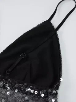 Débardeur noir à bretelles fines et dentelle au col sexy en polyester pour femme