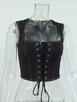 Débardeur noir à lacets en polyester sexy pour femme
