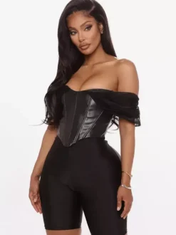 Débardeur noir à épaules dénudées en similicuir sexy pour femme