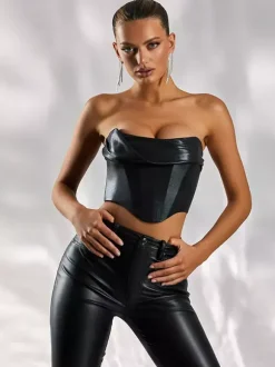 Débardeur noir sans bretelles en cuir PU sexy pour femmes