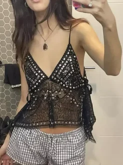 Débardeur orange à bretelles col à sequins et perles dos nu chic pour femmes
