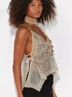 Débardeur orange à bretelles col à sequins et perles dos nu chic pour femmes