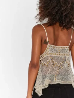 Débardeur orange à bretelles col à sequins et perles dos nu chic pour femmes