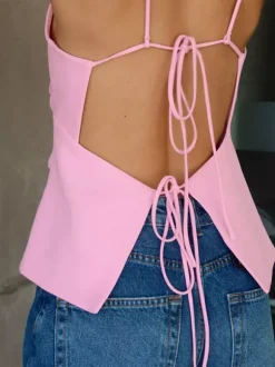 Débardeur rose à bretelles col plissé dos nu chic pour femme