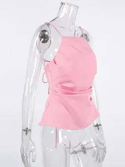 Débardeur rose à bretelles col plissé dos nu chic pour femme