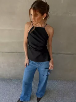 Débardeur rose à bretelles col plissé dos nu chic pour femme