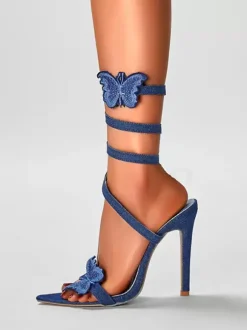 Demin sandales à talons femmes bout ouvert détail papillon sandales à talons hauts à lanières