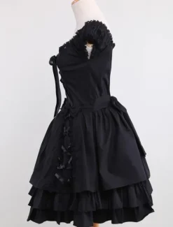 Dentelle de coton noir Lolita Robe OP 3 Lyers Hem Déguisements