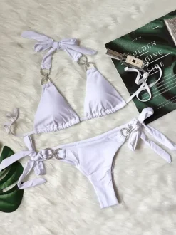 Deux Pièces Maillot de Bain Taille Haute avec Bretelles à Lacets Sexy