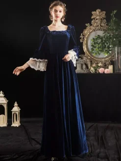 Déguisement Robe de Soirée Médiéval Rétro Costumes Avec Lacet Costume Vintage Bleu Foncé Déguisements Robe Princesse Halloween
