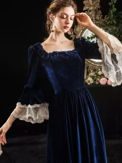 Déguisement Robe de Soirée Médiéval Rétro Costumes Avec Lacet Costume Vintage Bleu Foncé Déguisements Robe Princesse Halloween