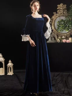 Déguisement Robe de Soirée Médiéval Rétro Costumes Avec Lacet Costume Vintage Bleu Foncé Déguisements Robe Princesse Halloween