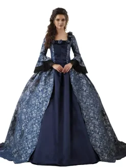 Déguisement Robe De Soirée Médiéval Costume Rétro Femme Marie-Antoinette Robe De Bal À Imprimé Floral En Satin Mat Halloween