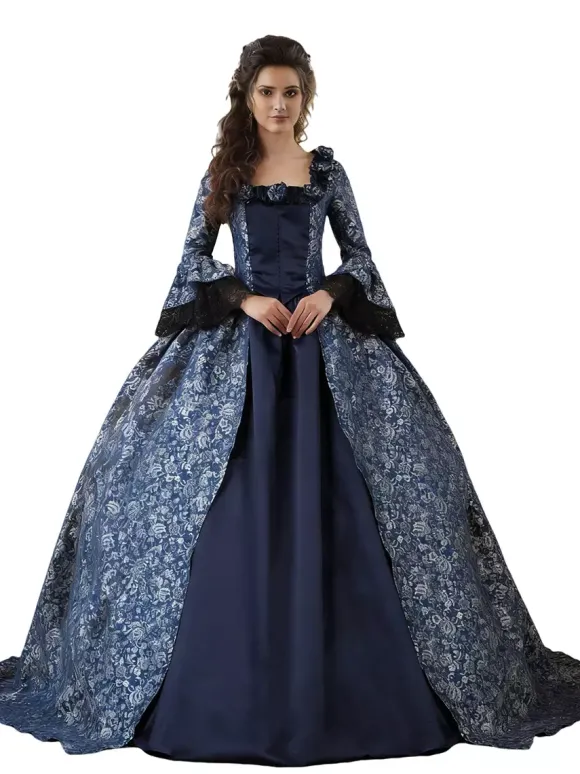 Déguisement Robe De Soirée Médiéval Costume Rétro Femme Marie-Antoinette Robe De Bal À Imprimé Floral En Satin Mat Halloween