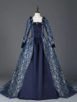 Déguisement Robe De Soirée Médiéval Costume Rétro Femme Marie-Antoinette Robe De Bal À Imprimé Floral En Satin Mat Halloween