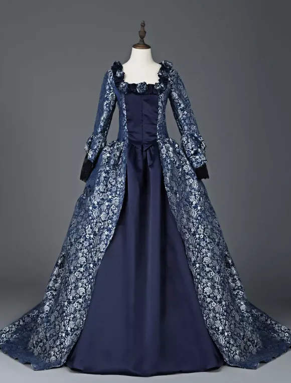 Déguisement Robe De Soirée Médiéval Costume Rétro Femme Marie-Antoinette Robe De Bal À Imprimé Floral En Satin Mat Halloween