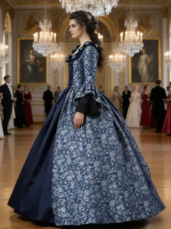 Déguisement Robe De Soirée Médiéval Costume Rétro Femme Marie-Antoinette Robe De Bal À Imprimé Floral En Satin Mat Halloween