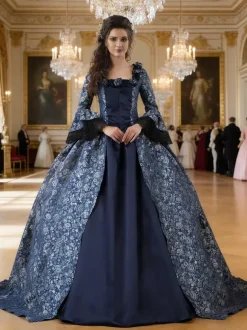 Déguisement Robe De Soirée Médiéval Costume Rétro Femme Marie-Antoinette Robe De Bal À Imprimé Floral En Satin Mat Halloween