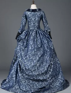 Déguisement Robe De Soirée Médiéval Costume Rétro Femme Marie-Antoinette Robe De Bal À Imprimé Floral En Satin Mat Halloween