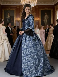 Déguisement Robe De Soirée Médiéval Costume Rétro Femme Marie-Antoinette Robe De Bal À Imprimé Floral En Satin Mat Halloween